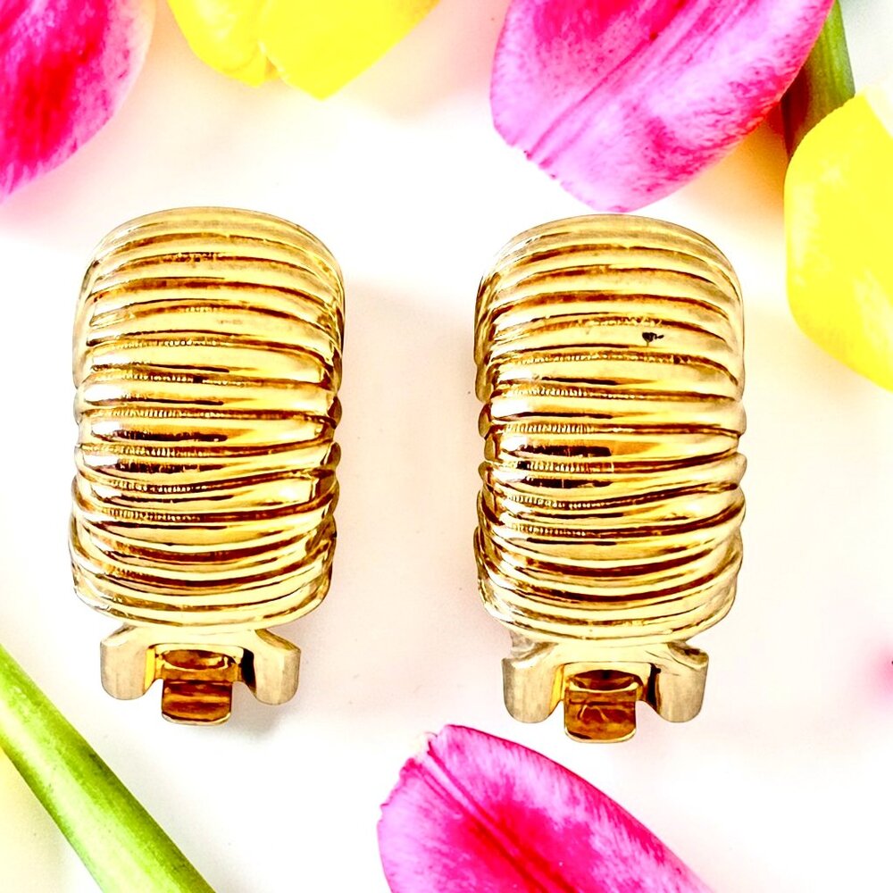 Christian Dior Vintage 80's Gold Tone Clip-On Earrings Signed Half Hoop